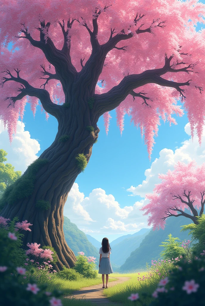 A panoramic view of a person standing under a large cherry tree, facing the tree and looking up at the cherry blossoms.

