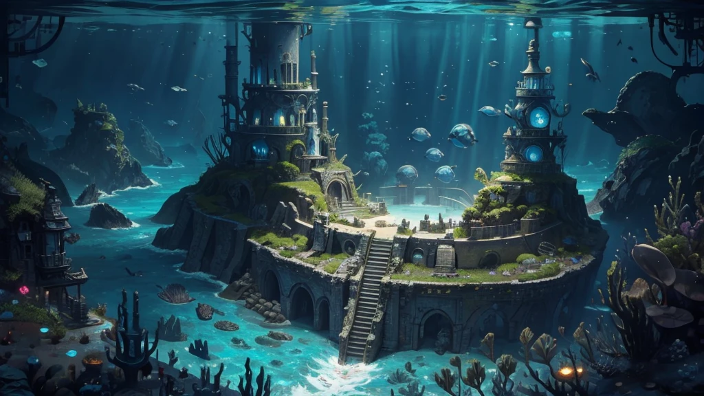 (masterpiece)),((Highest quality)),((High Detail)),nobody, background, Undersea ruins, deep sea, Top view