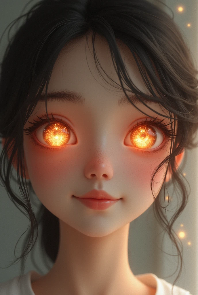 the eyes are the lamp of the body. Two pacific eyes with a little flame inside in both iris of them.The caracter is smiling.Not an anime