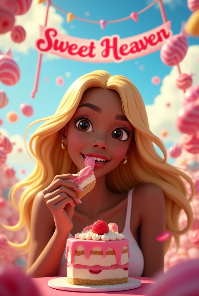 a 22 year old woman, black, hair blonde,smooth ass, loose hair,bright and dark brown eyes, fine nose, peso78kg, eating cake,
in the background the sky, with lots of sweets falling, a banner saying sweet heaven,disney pixAr, cute animation
