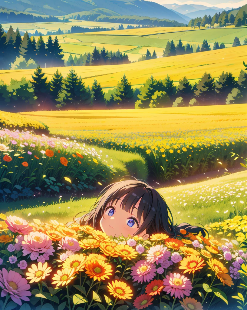 Highest quality, 32K, High resolution, masterpiece:1.5, Flower Field, Lie on your back