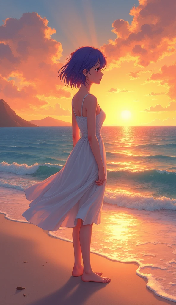 A young woman with short purple hair, dressed in a simple summer dress, stands on a beach at sunset. Her expression is one of deep contemplation, her eyes reflecting the fading light of the setting sun. The ocean waves gently lap at her feet, creating a serene, yet thoughtful atmosphere. [Anime style, inspired by Studio Ghibli and 90's aesthetics], [Warm, golden lighting, vibrant sunset colors, focus on the woman and ocean, wide shot, soft textures, tranquil mood]