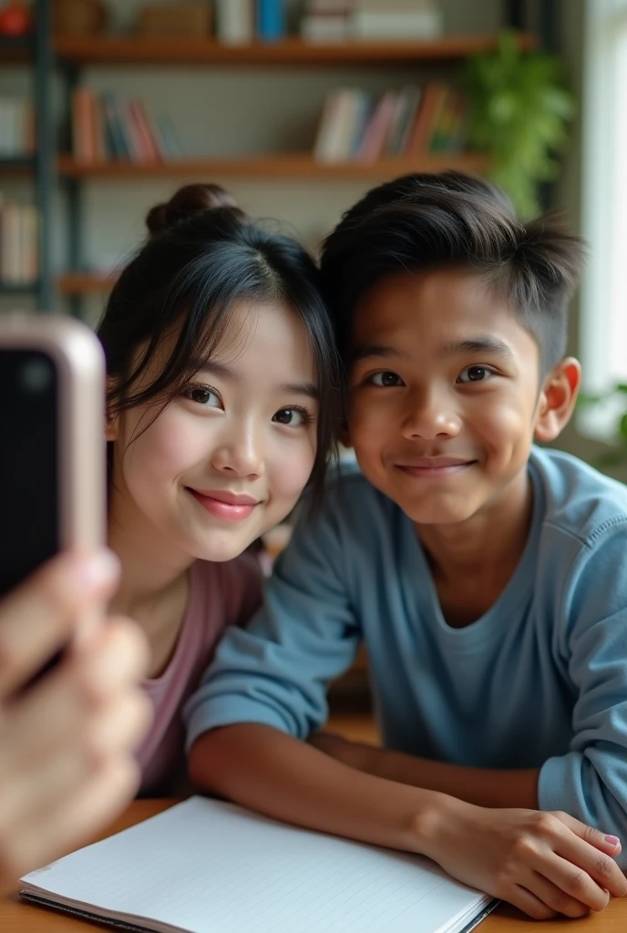 Create a realistic image from the perspective of a 20-year-old Korean girl with light skin, who is standing a few feet away from a 20-year-old Sri Lankan boy with a slightly dark complexion. The girl is taking a selfie with her phone that includes both her face and the boy, who is seated at a desk studying. The room should be well-lit and show the boy's study setup in the background, with the girl’s face and the boy clearly visible in the selfie