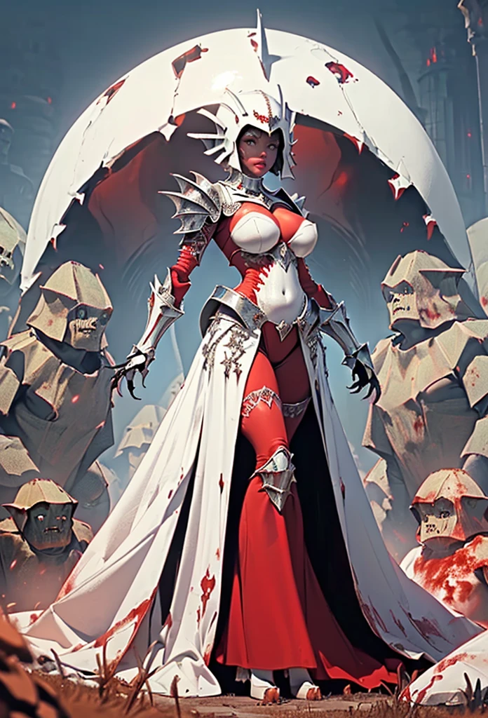 1girl, monster with beautifull woman face, no humans, claws, red skin, colored skin, pristine_white_armor, breasts, helmet, standing, full body, red velvet train, (((pristine white monstruous armor))), opulent, glossy, (((beautifull woman face, sensual lips: 1.2))), sexy, large hips, large breasts,
(red: 0.2, white:1.2),
large breasts, thick legs, wide hips,
(((Bones golems army behind her)))), Giants, Giants Golems army background, ((Golem: 1.4)), (((Zombies army))), (a lot of zombies in the background behind her), blue sky, blood clouds,
Creepy yet magnificent red and white ambiance, futuristic, modern, giant bones structure, out of this world, fantasmagoric, depth of field, very detailled background, battlefield background