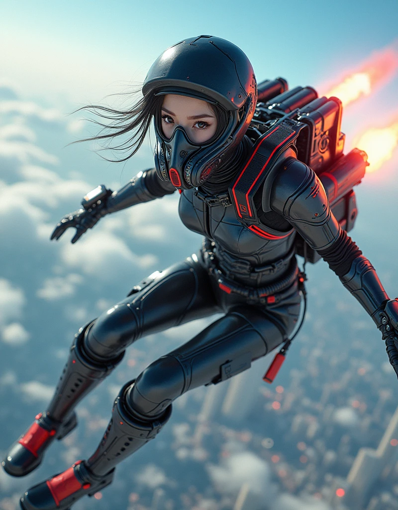 photo-realistic, ultra-realistic, very beautiful Japanese, famous Japanese idol, 20 years old, dramatic scene, masterpiece, beautiful eyes, (extremely intricated with extremely complex futuristic cyber punk mecha armored full-face gas mask:1.5), (wearing extremely intricated with complex multi-layered cyber punk mecha armored tight fitting bodysuits with neon marker:1.3), (She uses the ultra high power rocket engine on her back to flying high speed in the sky:1.5), amazing view from sky, (surprising), acrobatic pose, dynamic angle, (shoot from behind), Nimble movements, Sharp turns