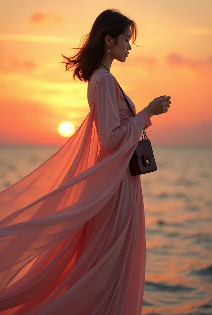 Jisoo with Korean appearance with straight wavy hair looking at a bag with a bag overlooking the sea at sunset with a long dress flying in the wind
