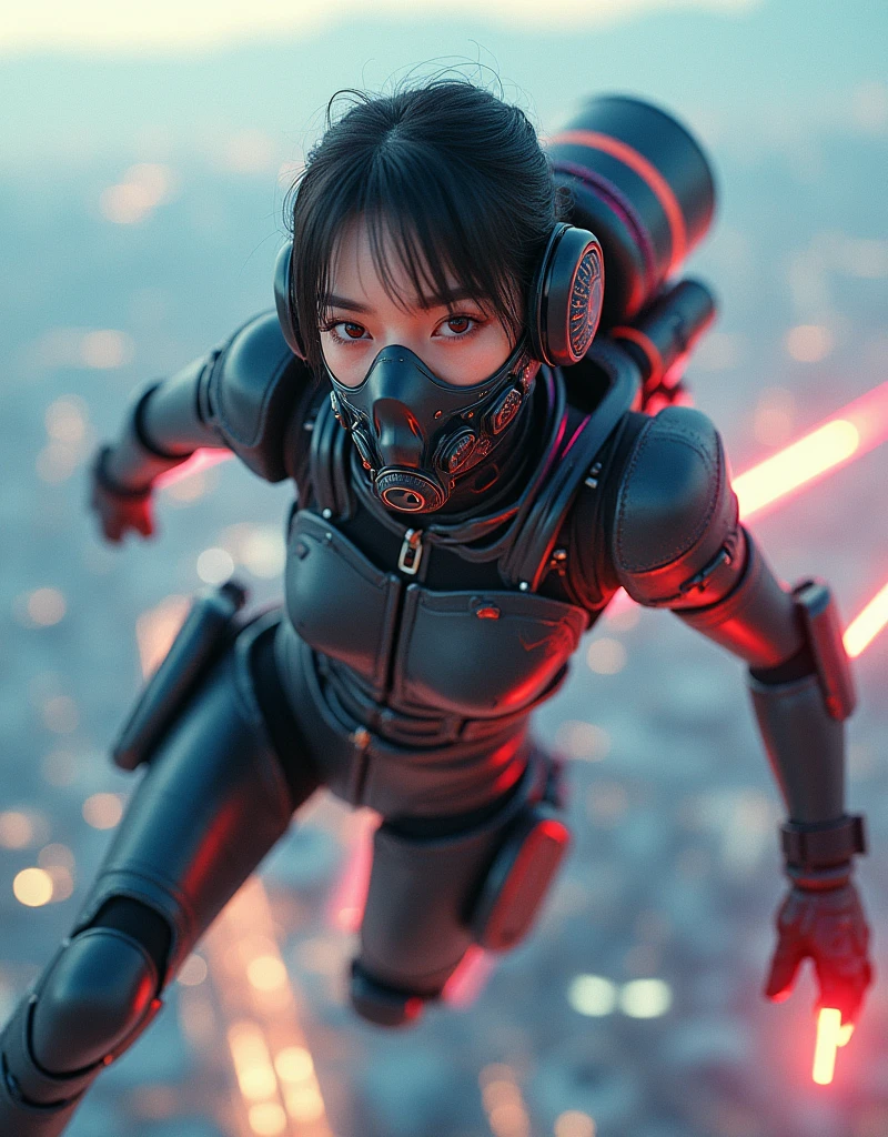 photo-realistic, ultra-realistic, very beautiful Japanese, famous Japanese idol, 20 years old, dramatic scene, masterpiece, beautiful eyes, (extremely intricated with extremely complex futuristic cyber punk mecha armored full-face gas mask:1.5), (wearing extremely intricated with complex multi-layered cyber punk mecha armored tight fitting bodysuits with neon marker:1.3), (She uses the ultra high power rocket engine on her back to flying high speed in the sky:1.5), amazing view from sky, (surprising), acrobatic pose, dynamic angle, (shoot from behind), Nimble movements, Sharp turns