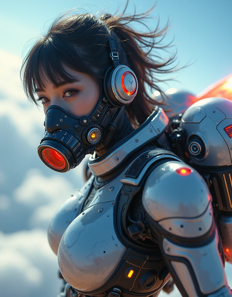 photo-realistic, ultra-realistic, very beautiful Japanese, famous Japanese idol, 20 years old, dramatic scene, masterpiece, beautiful eyes, (extremely intricated with extremely complex futuristic cyber punk mecha armored full-face gas mask:1.5), (wearing extremely intricated with complex multi-layered cyber punk mecha armored tight fitting bodysuits with neon marker:1.3), (She uses the ultra high power rocket engine on her back to flying high speed in the sky:1.5), amazing view from sky, (surprising), acrobatic pose, dynamic angle, (shoot from behind), Nimble movements, Sharp turns