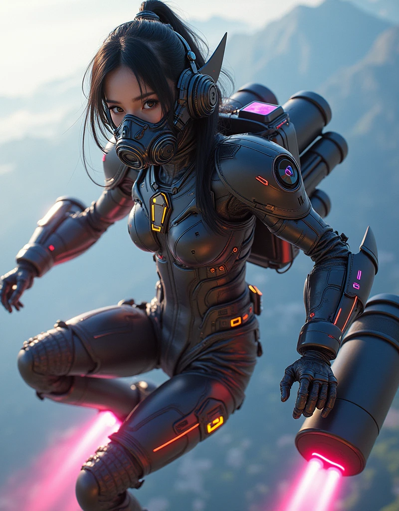 photo-realistic, ultra-realistic, very beautiful Japanese, famous Japanese idol, 20 years old, dramatic scene, masterpiece, beautiful eyes, (extremely intricated with extremely complex futuristic cyber punk mecha armored full-face gas mask:1.5), (wearing extremely intricated with complex multi-layered cyber punk mecha armored tight fitting bodysuits with neon marker:1.3), (She uses the ultra high power rocket engine on her back to flying high speed in the sky:1.5), amazing view from sky, (surprising), acrobatic pose, dynamic angle, (shoot from behind), Nimble movements, Sharp turns