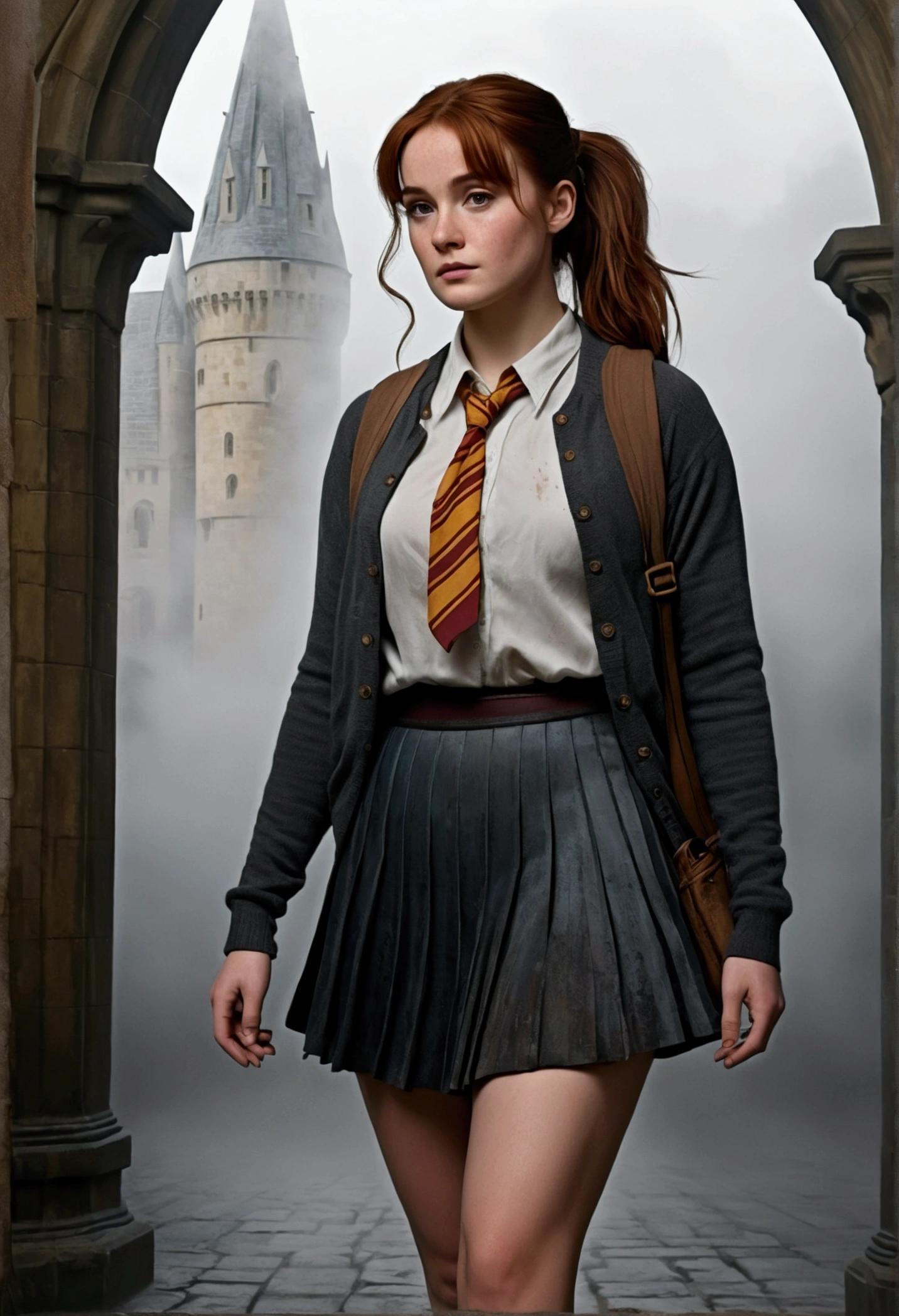 An illustrated movie poster, hand-drawn, full color, a female Hogwarts student, 1, wearing a charcoal cardigan and a pleated skirt, tall, toned, amazonian stature, athletic hourglass figure, full wide hips, massive round butt, long shapely legs, ridiculously thick powerful thighs, deep dark auburn hair, messy ponytail, flushed sun-kissed complexion, freckles, resembles Genevieve O'Reilly, standing in a foggy Hogwarts courtyard, surrounded by mist, graphite shading, stencil marks, airbrushed acrylic paint, masterpiece, in the Deathly Hallows