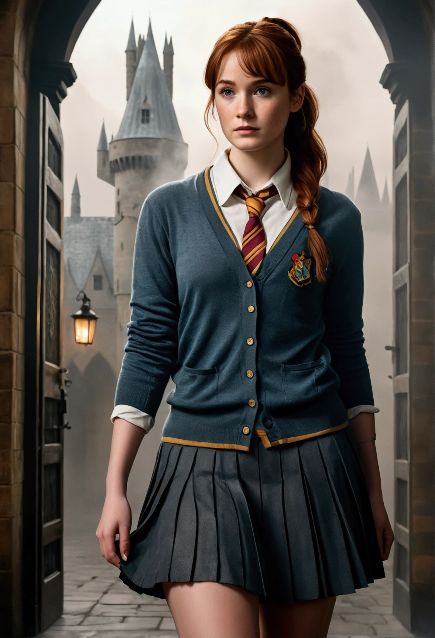 An illustrated movie poster, hand-drawn, full color, a female Hogwarts student, 1, wearing a charcoal cardigan and a pleated skirt, tall, toned, amazonian stature, athletic hourglass figure, full wide hips, massive round butt, long shapely legs, ridiculously thick powerful thighs, deep dark auburn hair, messy ponytail, flushed sun-kissed complexion, freckles, resembles Genevieve O'Reilly, standing in a foggy Hogwarts courtyard, surrounded by mist, graphite shading, stencil marks, airbrushed acrylic paint, masterpiece, in the Deathly Hallows 