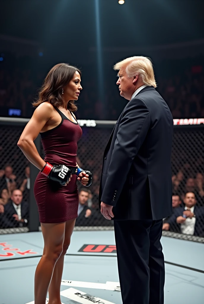 Create a real-life UFC ring fight between Kamala Harris vs Donald Trump and have Elon Musk referee the fight.