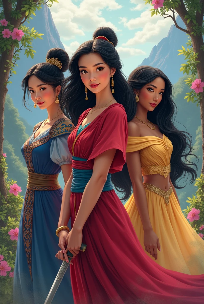Make a character front together with princess mulan, princess belle and princess pocahontas 
