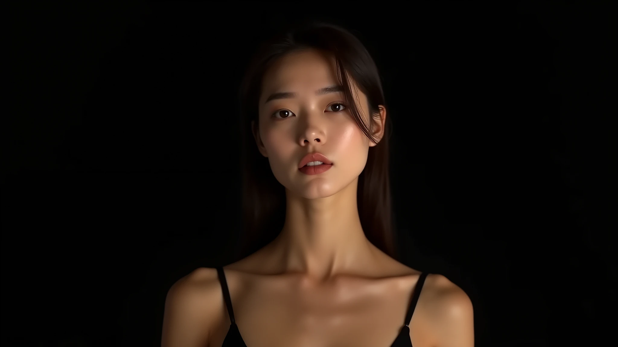 A strong, mature woman Best Quality, 8k, Masterpiece, (Portrait: 1.3), (photo realistic:1.4), (hyper realistic:1.4), Sharp Focus, looking at viewer, (smoother lighting:1.1), (increase cinematic lighting quality:0.9), realistic lighting, backlighting, light on face, ray trace, (brightening light:1.2), (Increase quality:1.4), sharp detail, (best quality real texture skin:1.4), finely detailed eyes, black_eyes, finely detailed face, 25 year old tanned Korean woman, camisole, void black back ground long neck