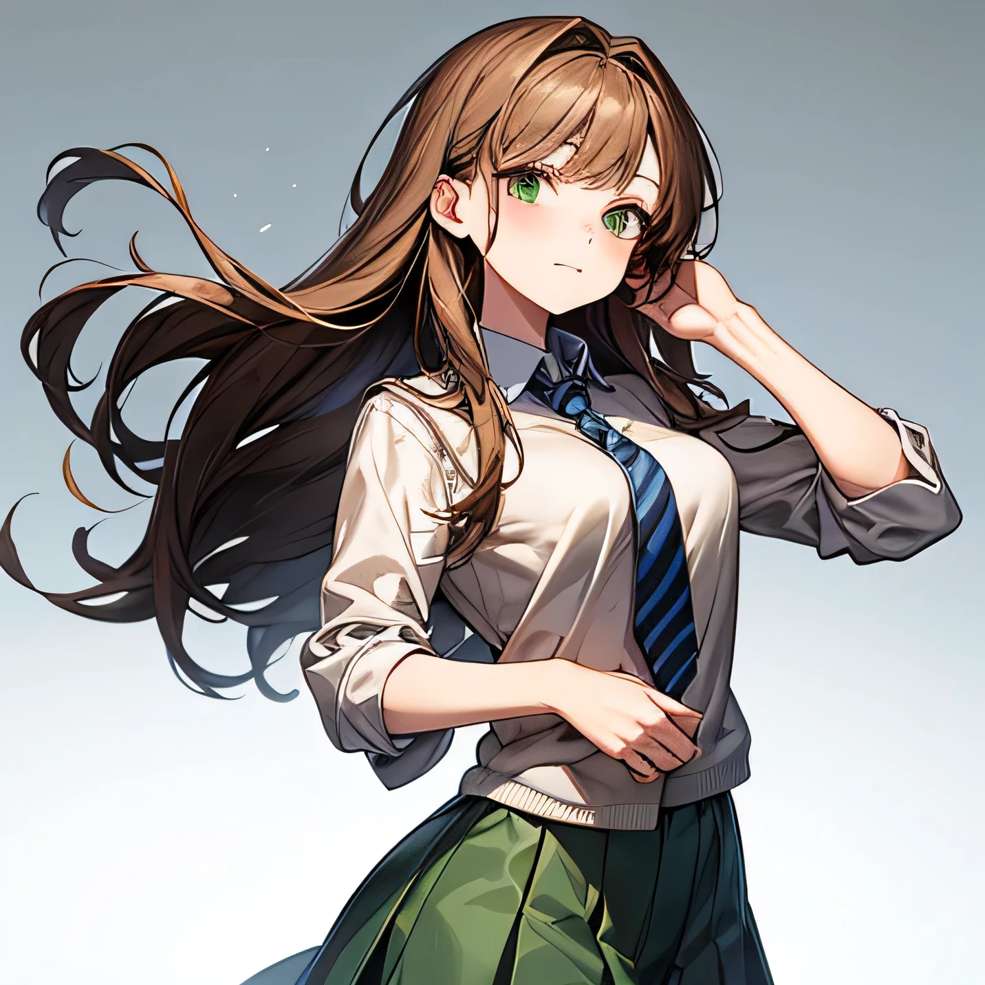 a short 19-year-old student girl with long brown hair NO BANGS and green eyes. she has a great figure and her personality is very calm, gentle and sweet. although sometimes she is passionate