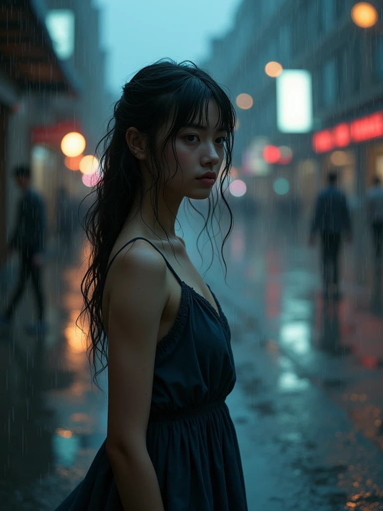 A young woman, solo, with beautiful detailed eyes and lips, standing alone in the rain at dusk. Her extremely detailed face reflects sorrow and lost thoughts, with her wet hair clinging to her face. Her eyes are distant, as if trapped in painful memories. The raindrops create ripples in the puddles around her, reflecting the fading city lights. She wears a flowing dress that adds to the somber atmosphere.