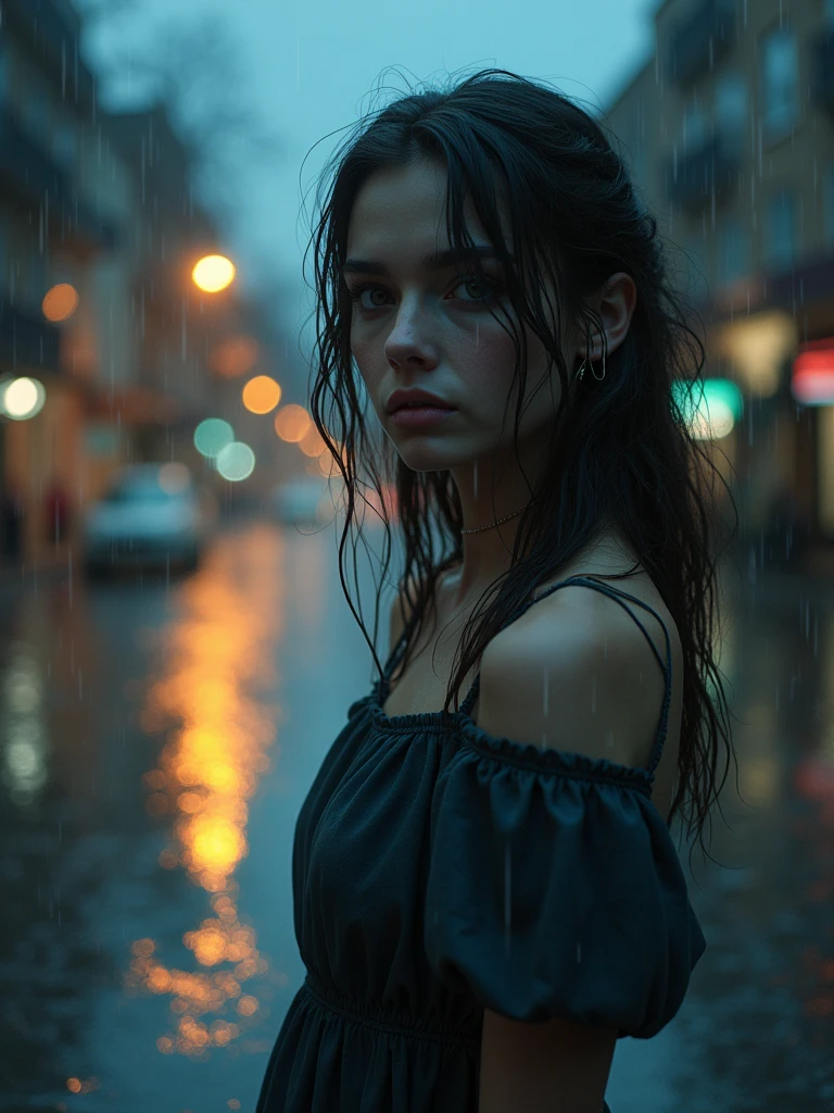 A young woman, solo, with beautiful detailed eyes and lips, standing alone in the rain at dusk. Her extremely detailed face reflects sorrow and lost thoughts, with her wet hair clinging to her face. Her eyes are distant, as if trapped in painful memories. The raindrops create ripples in the puddles around her, reflecting the fading city lights. She wears a flowing dress that adds to the somber atmosphere.