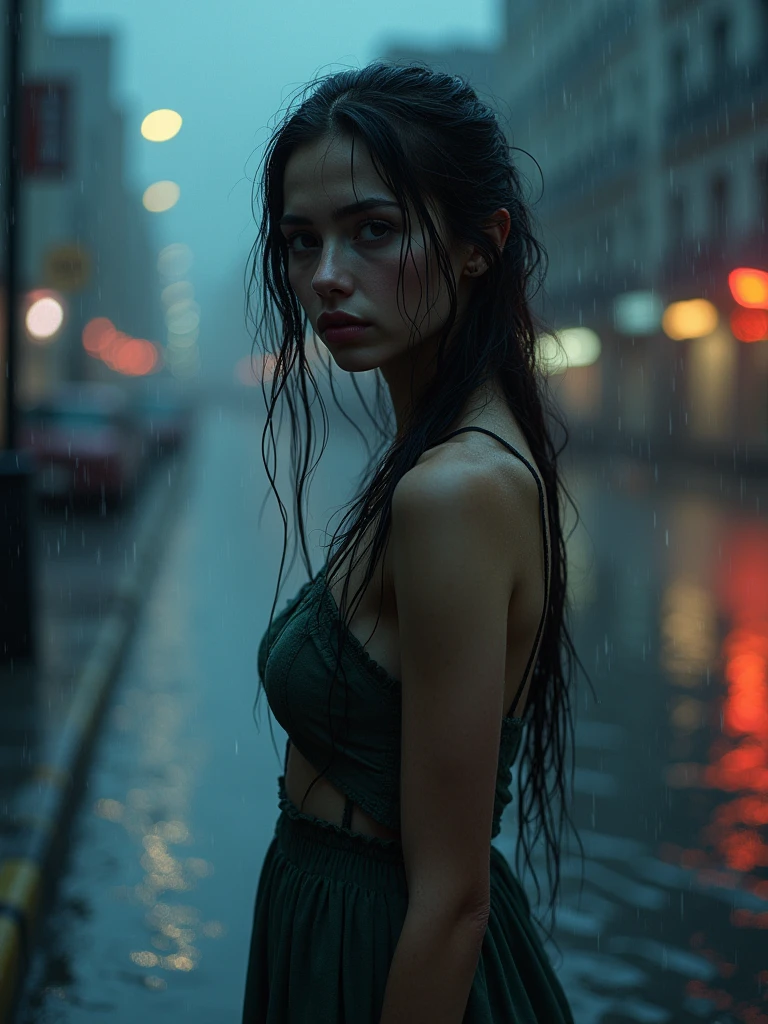 A young woman, solo, with beautiful detailed eyes and lips, standing alone in the rain at dusk. Her extremely detailed face reflects sorrow and lost thoughts, with her wet hair clinging to her face. Her eyes are distant, as if trapped in painful memories. The raindrops create ripples in the puddles around her, reflecting the fading city lights. She wears a flowing dress that adds to the somber atmosphere.
