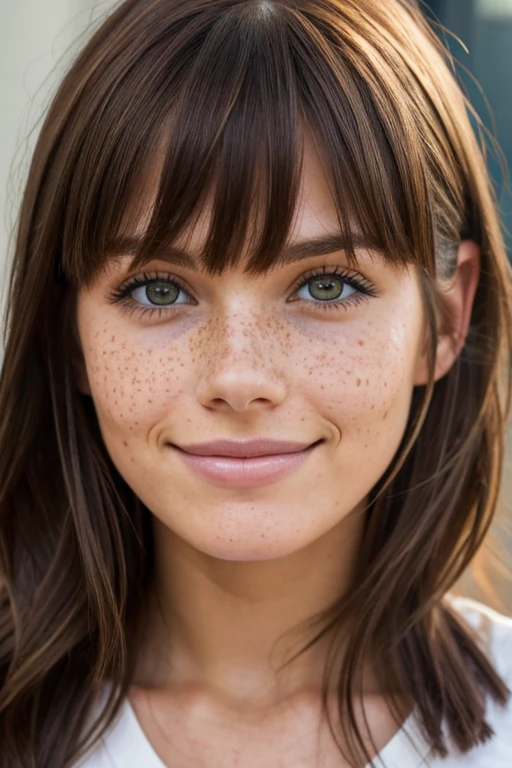 Brunette, messy hair, dimples, freckles, bangs, blushing, high quality, high detail