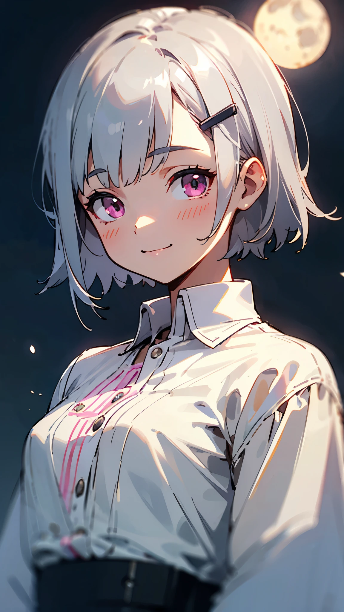 Highest quality、Teenage Girl、High resolution、Beautiful details、Quiet atmosphere、Small breasts、Short silver bob hair held together with a hair clip, Pink Eyes、Cute Smile、Upper body close-up、White blouse shirt with ethnic patterns、Thick outline、Park under the moonlight、Background Blur