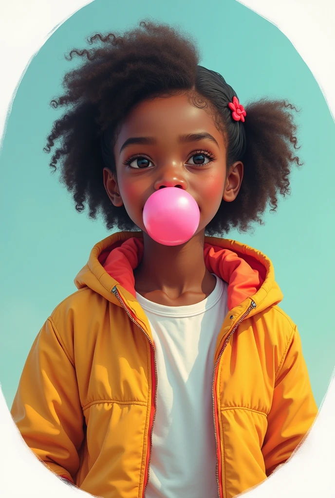 Short heighted Semi african girl blowing bubble gum with a loose color full jacket, with a light blue and light green background, in a complete circle frame