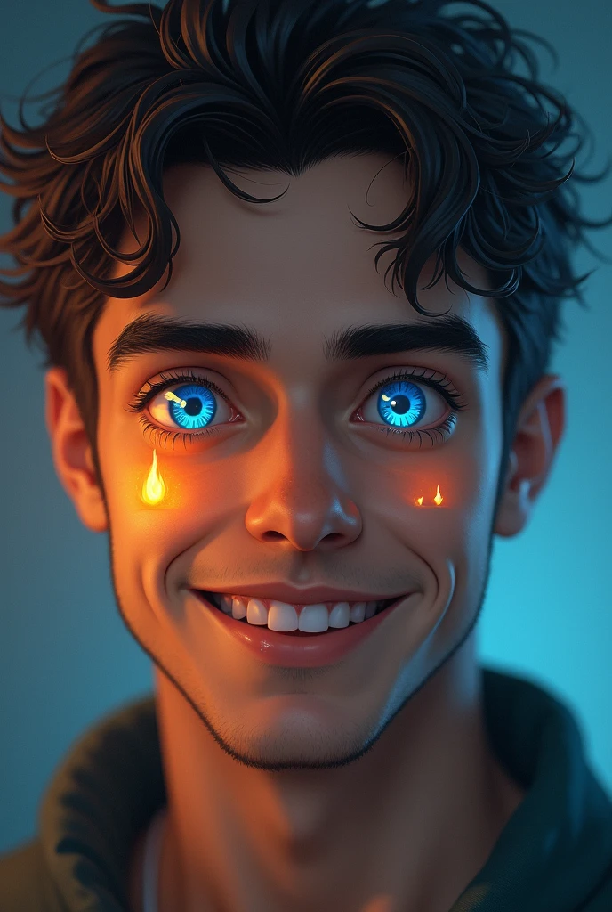 the eyes are the lamp of the body. Two pacific eyes with a little flame inside in both iris of them.The male caracter is smiling.Not an anime