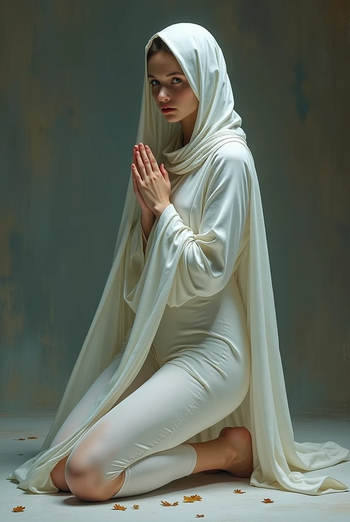 A devout slender woman, high priestess of the Opal Order, humbly kneels, dons tightly fitting modest opal and white old robes that reach down to her thighs, leaving delicate soft legs and feet bare. The outfit is very liberating, freeing her slim figure. The fabric doesn’t cover her entire body, parts of her skin are visible. On her head is a short modest simple veil in white and opal fabric. This striking image is painted with meticulous detail and muted colors, exemplifying a high-quality photograph capturing the lowly yet serene beauty of the subject. She graces the viewer with an innocent look of submissive worship and devotion.