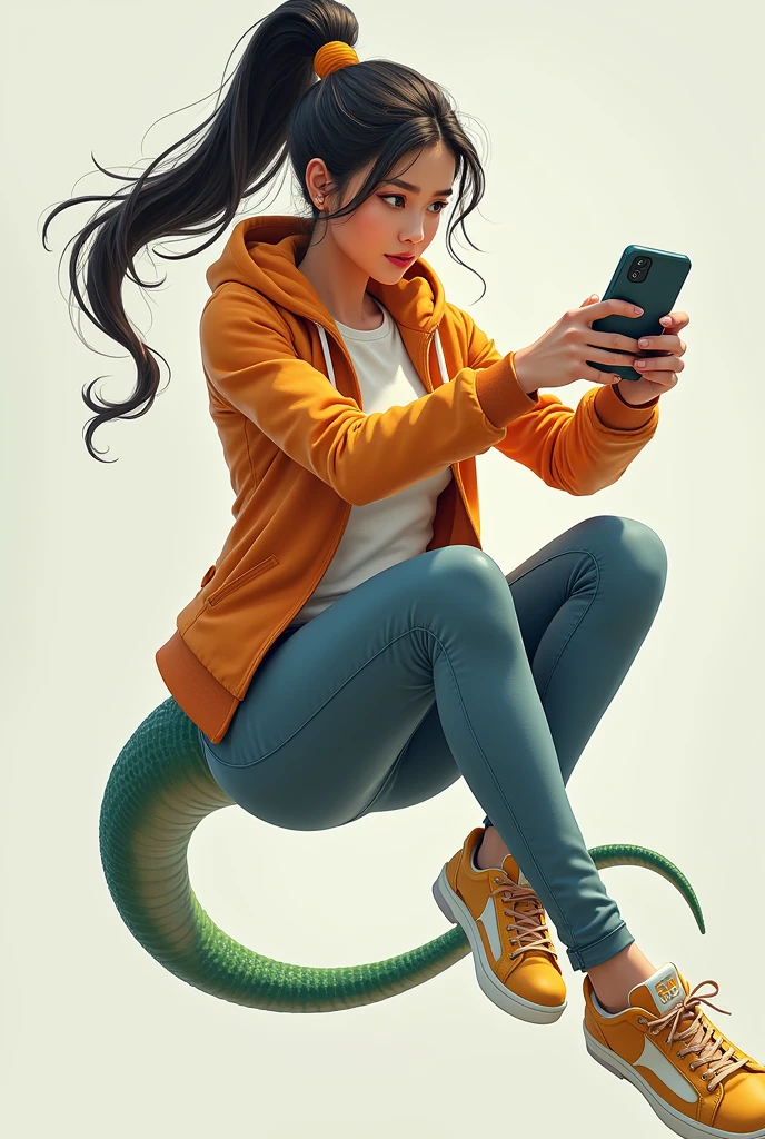 a young girl of 23 years, with lizard tail , headlong (gripped, hanging with its tail in a game of agility). playing (gaming) with phone in his hands.