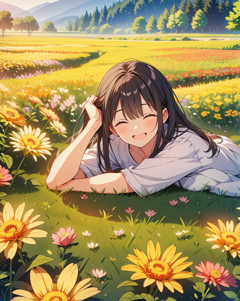 Highest quality, 32K, High resolution, masterpiece:1.5, Flower Field, Lie on your back, Close your eyes and laugh
