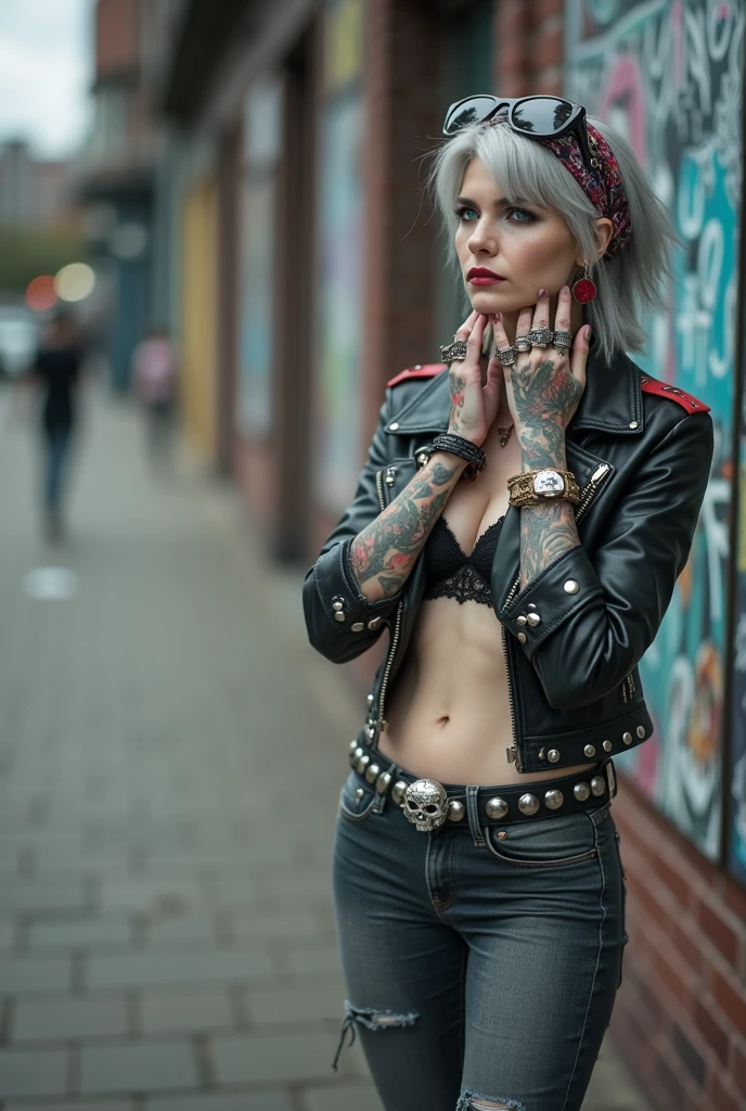 russian woman, grey hair (middle part) and wide colourful bandana as headband, maxi sunglasses as headband. Very light blue eyes, extremely pale. Wearing studded cropped black moto jacket with lots of zippers and pins, black and red lace push up bra , dark skinny blue jeans and pointy silver Chelsea boots with cuban heels . Lots of colourful thick bracelets, colourful collars and colourful rings. Tacky wide studded leather belt with oversized skull and bones buckle. Long bohemian earrings with feathers. Standing up, humbial expression. Hands caressing her neck, showing off bracelets and rings. Chains around belt.. Listening in amazement to somebody speaking to her, toned six pack abdominals, thin neck, slim legs and thin arms. Tattoed heavily. Huge black leather tote bag