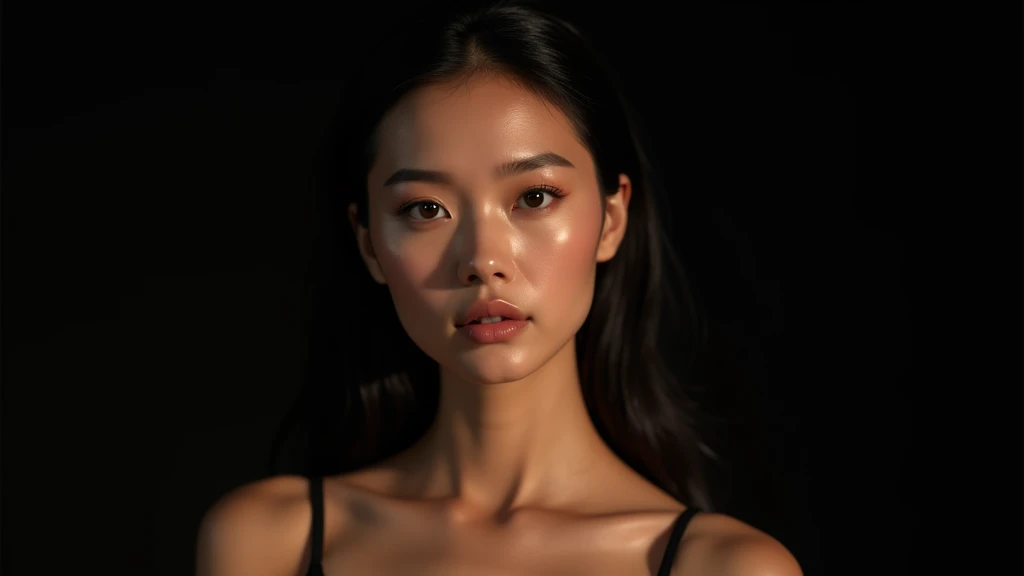A strong, mature woman Best Quality, 8k, Masterpiece, (Portrait: 1.3), (photo realistic:1.4), (hyper realistic:1.4), Sharp Focus, looking at viewer, (smoother lighting:1.1), (increase cinematic lighting quality:0.9), realistic lighting, backlighting, light on face, ray trace, (brightening light:1.2), (Increase quality:1.4), sharp detail, (best quality real texture skin:1.4), finely detailed eyes, black_eyes, finely detailed face, 25 year old tanned Korean woman, camisole, void black back ground long neck