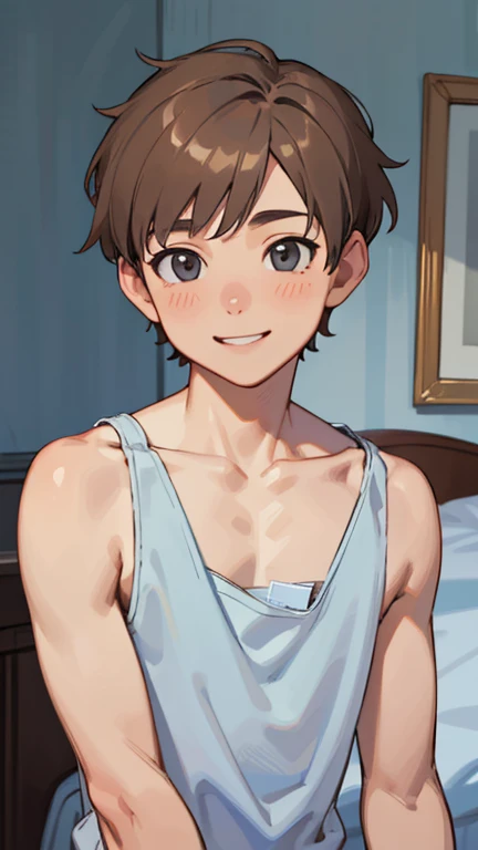 Highest quality、Realistic、zoom、man、cute、Grey Eyes、Light brown hair、short hair、Upper body naked、Light blue briefs、thin、smile、Bedroom、Cowboy Shot