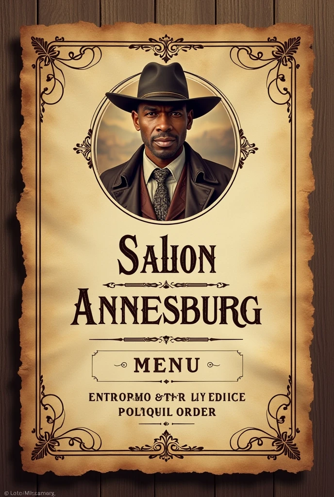 première de couverture d'un livre en style vintage de menu avec écrit:
Menu saloon Annesburg
Buddy Mclogann LGW-1024
Évènement - Commande entreprise et/ou Personnelle