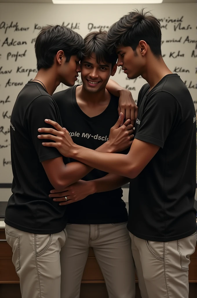 There are 5 boys they are wearing black shirt and white pant they are doing the sex with each other their name is Adarsh, Vasu, Arnav, kanha, Kartik their name is written on their Shirt. In their background there are Project written