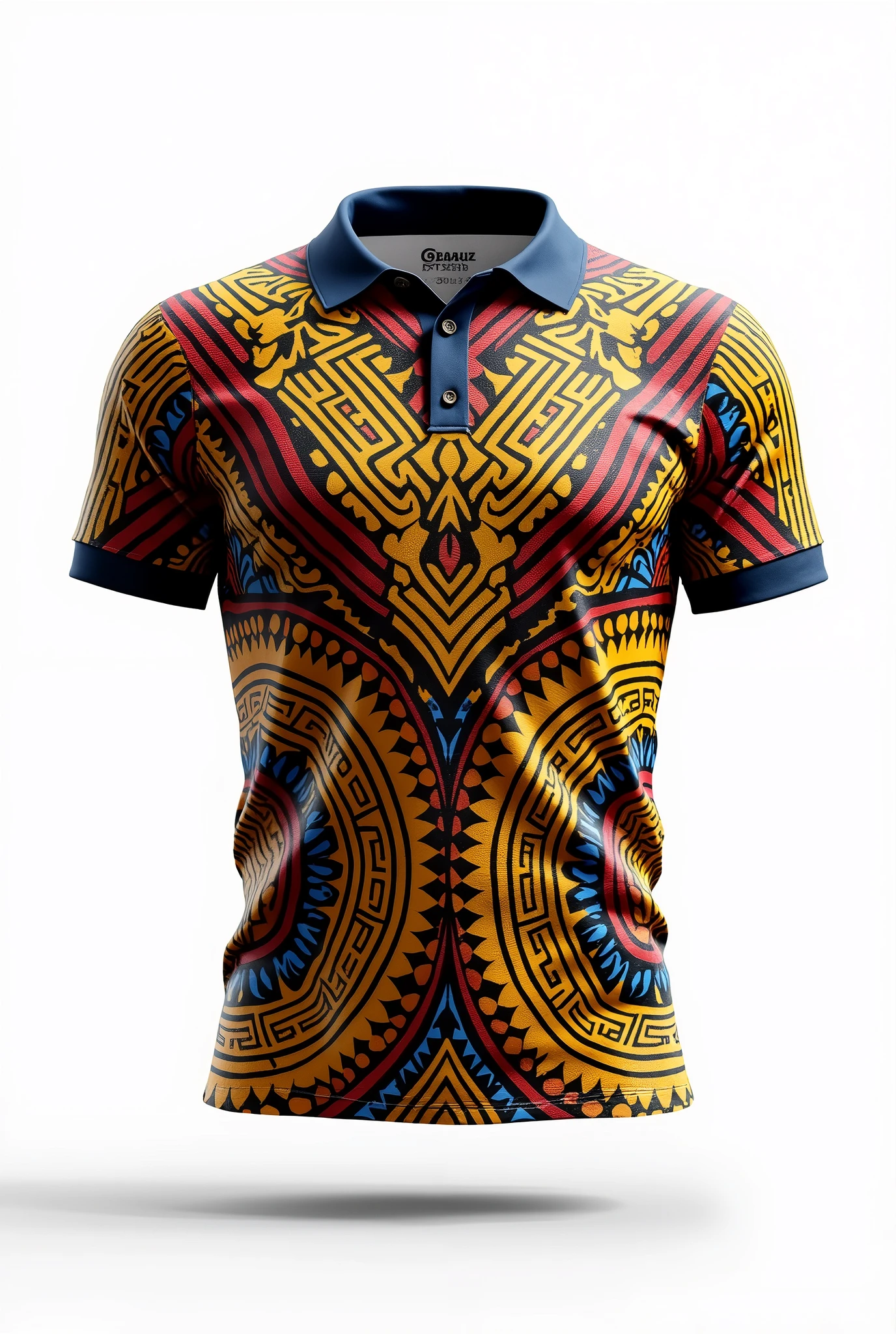 Create rugby jersey maori tribe full pattern yellow red blue retro round neck collar white background