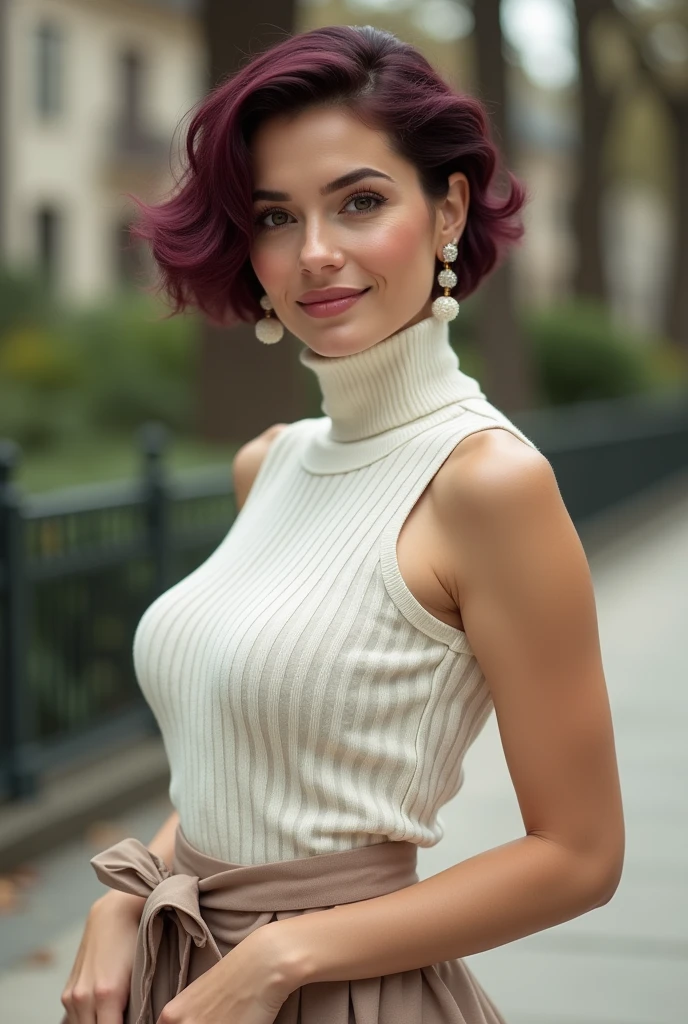 (Highest quality、Tabletop、8k、Best image quality、Award-winning works)、One beautiful woman、2、(alone:1.1)、Perfect beautiful composition、(Big and ample breasts:1.8)、Exactly、(Accentuate your body lines:1.1)、( Berry short cut hair:1.1)、(Perfect white turtleneck sleeveless knit sweater:1.2)、(Elegant Melton Skirt:1.2)、(Full body photo:1.1)、Look at me and smile、(Highly blurred and precise city park background:1.1)、Glamorous Body、Big Breasts、Standing Elegantly、Droopy eyes、Natural Makeup、Ultra-high definition beauty face、Ultra HD Hair、Ultra HD Shining Eyes、Ultra-high quality glossy lips、Accurate anatomy、(very bright and vivid:1.3)