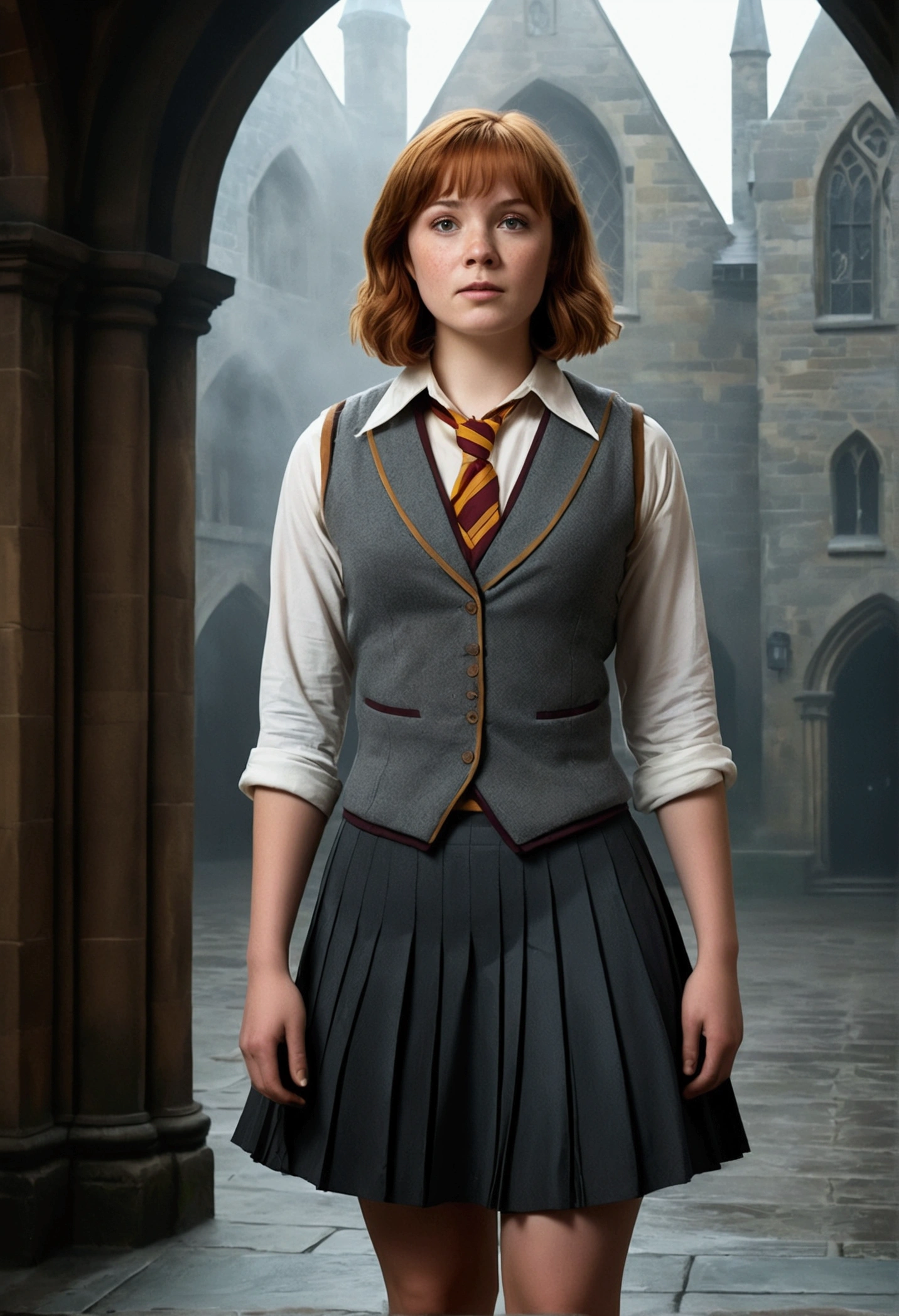 An illustrated movie poster, hand-drawn, full color, a female Hogwarts student, 1, wearing a charcoal vest and a pleated skirt, toned, amazonian stature, athletic hourglass figure, full wide hips, massive round butt, long shapely legs, ridiculously thick powerful thighs, deep dark auburn hair, short shaggy bob cut, flushed sun-kissed complexion, freckles, resembles Genevieve O'Reilly, standing in a foggy Hogwarts courtyard, surrounded by mist, graphite shading, stencil marks, airbrushed acrylic paint, masterpiece, in the Deathly Hallows