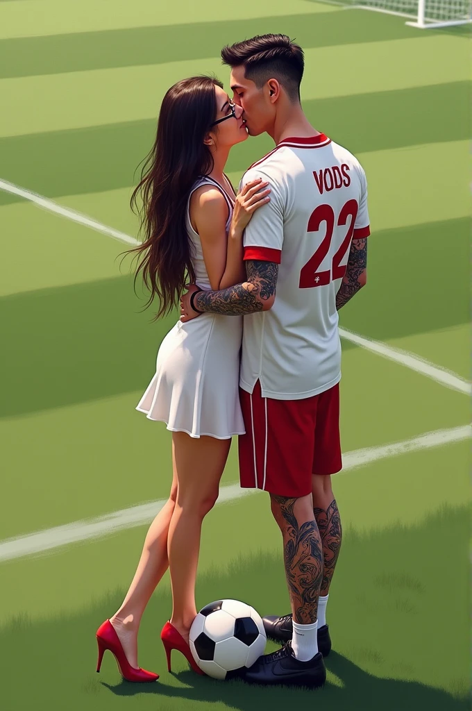A woman and man standing in football ground looking at each lovingly and hugging and kissing each other.woman is wearing a dress and glasses.she has black hair .man is wearing a white and red 32 number jersey. Man is 1 feet taller than girl. Man one foot standing on soccer ball . Girl is wearing high heel and long white dress make girl hair set. Make them realistic jersey no 32. man s arm cover with tattoo. woman s hand in man s hair and man s arm rests on women s back