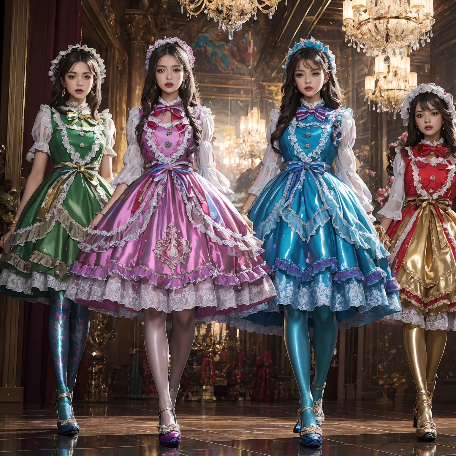 Movie poster composition, Ambilight, Nine-head body, Group photo, ((multicolored))，Three or more girls，Model figure, long-legged woman, A woman in a luxurious and elaborate lolita dress, wearing lolita mary jane shoes with ornate details, patterned tights, (Glossy Reflecting collection), (Glossy Reflecting collection), (Oily shiny)), (Metallic clothes), (Metallic dress), (Metallic tights):1.2)，standing on a snowy mountain, with reflective skin and reflective clothing, venusbody,Large movement amplitude, (full body shot), ray tracing, reflection light, chiaroscuro, UHD, masterpiece, anatomically correct, textured skin, super detail, high quality, 4K, highres