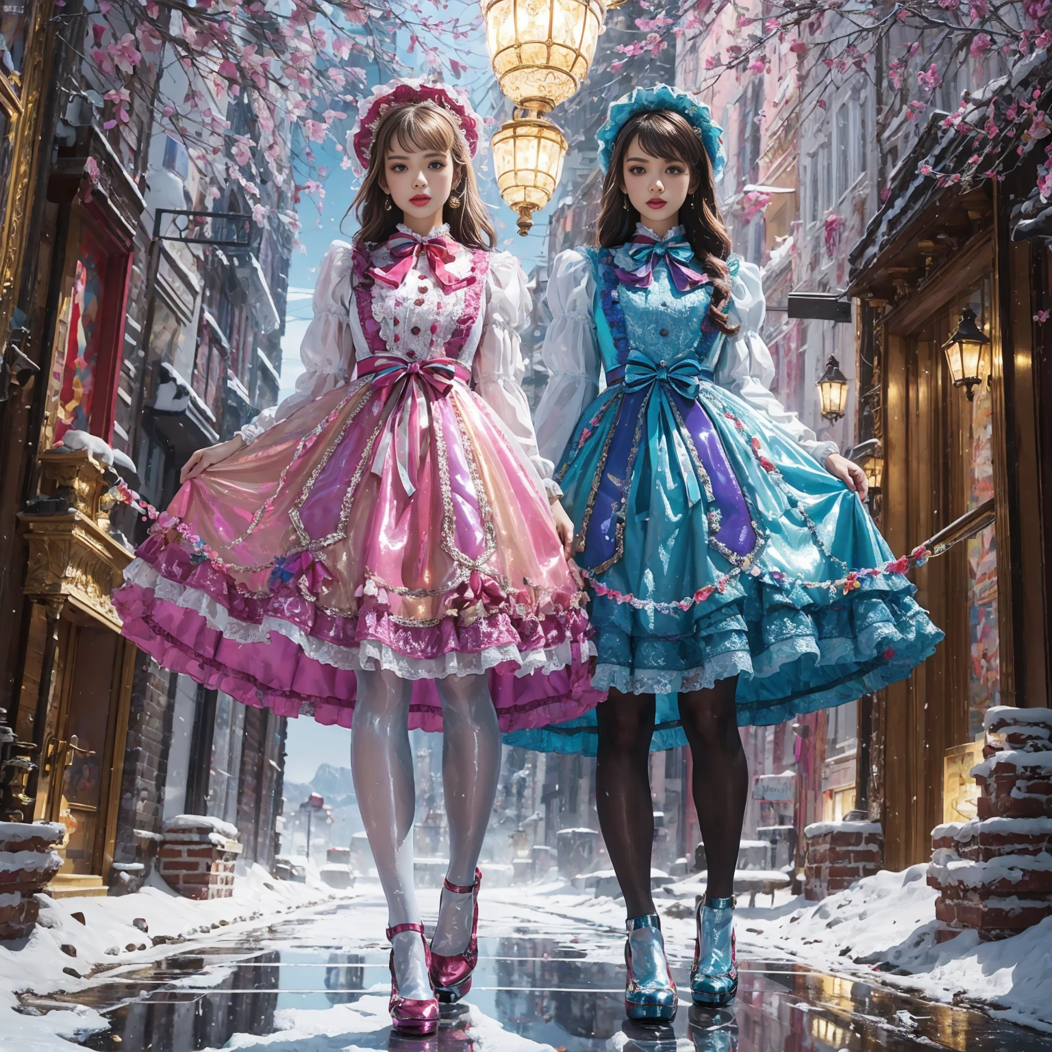 Movie poster composition, Ambilight, Nine-head body, Group photo, ((multicolored))，Three or more girls，Model figure, long-legged woman, A woman in a luxurious and elaborate lolita dress, wearing lolita mary jane shoes with ornate details, patterned tights, (Glossy Reflecting collection), (Glossy Reflecting collection), (Oily shiny)), (Metallic clothes), (Metallic dress), (Metallic tights):1.2)，standing on a snowy mountain, with reflective skin and reflective clothing, venusbody,Large movement amplitude, (full body shot), ray tracing, reflection light, chiaroscuro, UHD, masterpiece, anatomically correct, textured skin, super detail, high quality, 4K, highres