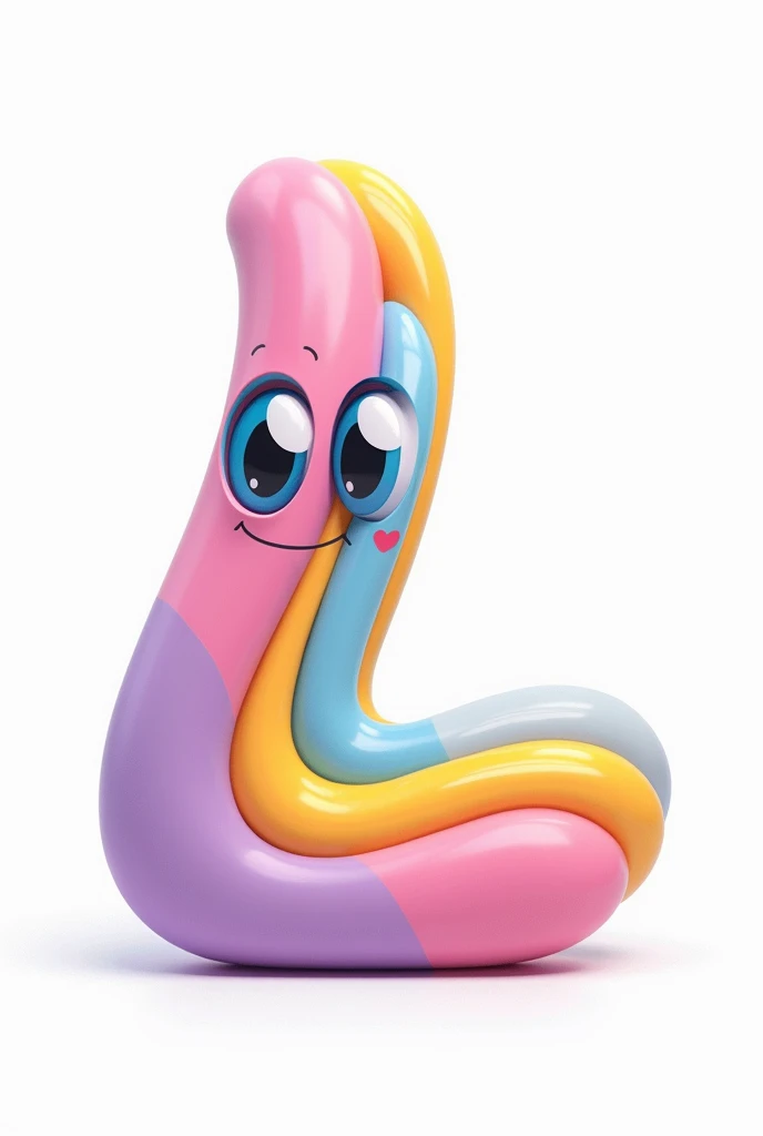 Create an image with the main Letter "L" colorfully (pink colors, cerulean, lilac and yellow) This letter should be animated in cursive lettering style with a smile (just eyes) in the letter design, with a white background because it is a logo. It doesn't have to be 3D