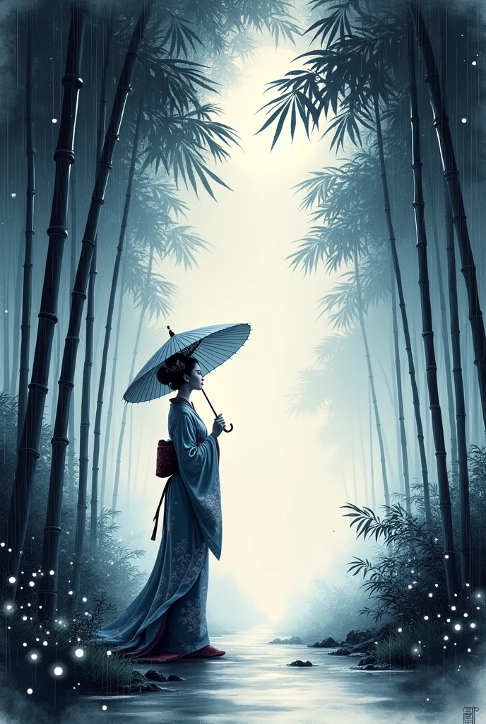 dynamic ink painting of a bamboo grove of japan, black and white,monochrome, great art, great sense of depth, ground level shot, the most beautiful bamboo grove in the world, bamboo leaves shining through rainwater, moon\(pale blue\) with a light overcast, beautiful woman\(ancient Japanese noble, beautiful kimono, beautiful long black hair\) looking up at the moon holding an umbrella,raining softly, fireflies flying around, bamboo leaves are placed three-dimensionally in the foreground, long distance shot