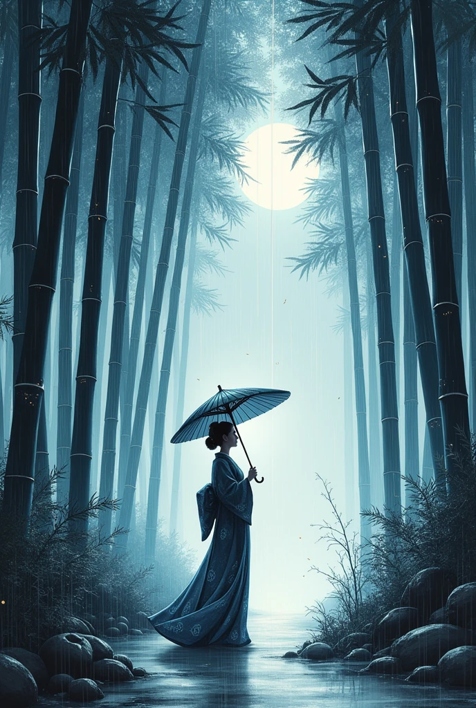 dynamic ink painting of a bamboo grove of japan, black and white,monochrome, great art, great sense of depth, ground level shot, the most beautiful bamboo grove in the world, bamboo leaves shining through rainwater, moon\(pale blue\) with a light overcast, beautiful woman\(ancient Japanese noble, beautiful kimono, beautiful long black hair\) looking up at the moon holding an umbrella,raining softly, fireflies flying around, bamboo leaves are placed three-dimensionally in the foreground, long distance shot