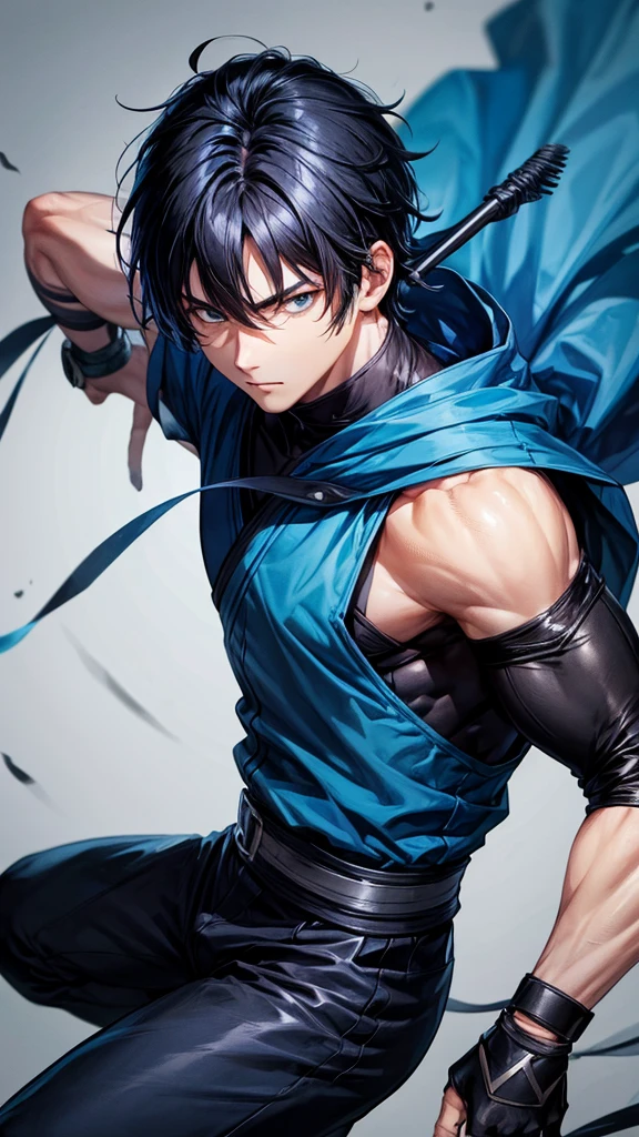 1boy, black hair, medium hair, blue yes, ninja, wallpaper