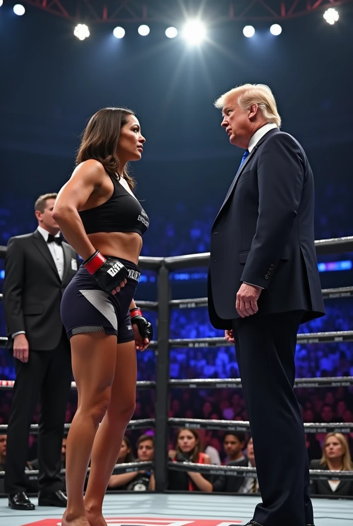 Create a real-life UFC ring fight between Kamala Harris vs Donald Trump and have Elon Musk referee the fight.