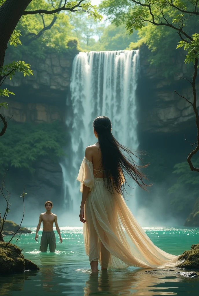 Watching people live in ancient China during the Tang Dynasty. A beautiful young woman without makeup, her hair down, not tied up, wearing a hunter's uniform, walking in the dense forest looking for herbs. The angle increases. She stops at a waterfall, takes off all her clothes, and stands by the edge of the pond. A naked young woman stands in the water, looking at the young man in front of her.