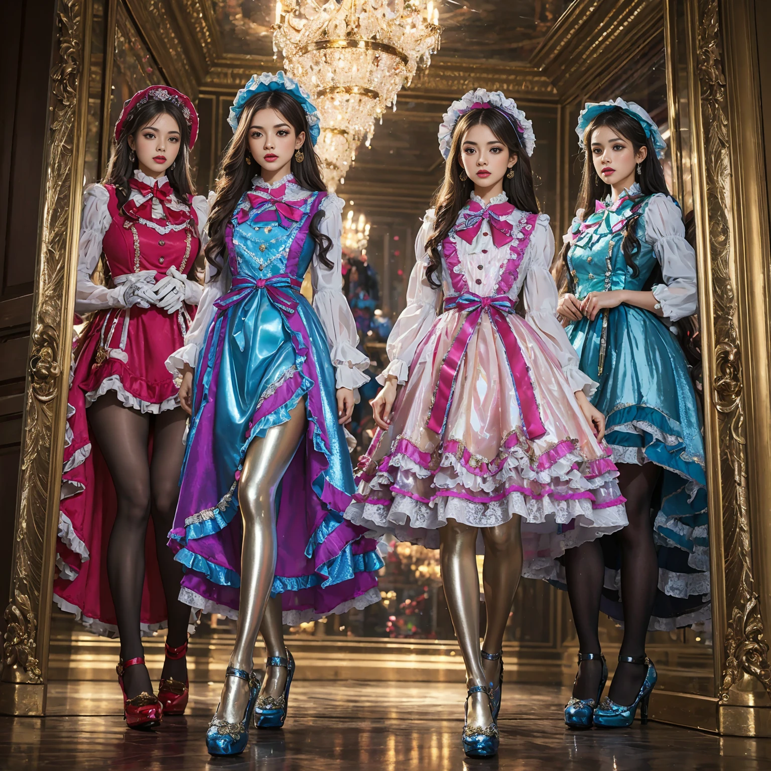 Movie poster composition, Ambilight, Nine-head body, Group photo, ((multicolored))，Three or more girls，Model figure, long-legged woman, A woman in a luxurious and elaborate lolita dress, wearing lolita mary jane shoes with ornate details, patterned tights, (Glossy Reflecting collection), (Glossy Reflecting collection), (Oily shiny)), (Metallic clothes), (Metallic dress), (Metallic tights):1.2)，standing on a snowy mountain, with reflective skin and reflective clothing, venusbody,Large movement amplitude, (full body shot), ray tracing, reflection light, chiaroscuro, UHD, masterpiece, anatomically correct, textured skin, super detail, high quality, 4K, highres