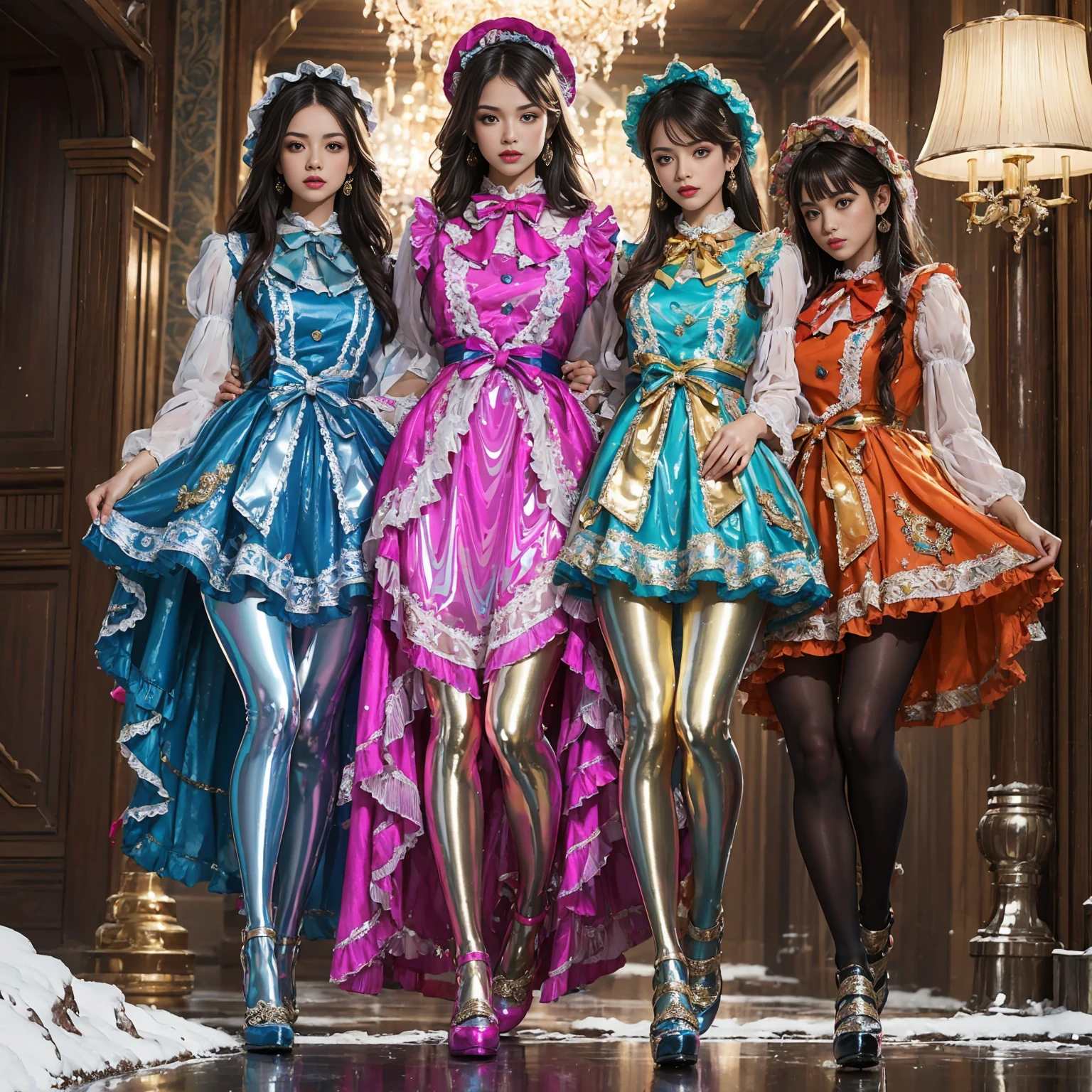 Movie poster composition, Ambilight, Nine-head body, Group photo, ((multicolored))，Three or more girls，Model figure, long-legged woman, A woman in a luxurious and elaborate lolita dress, wearing lolita mary jane shoes with ornate details, patterned tights, (Glossy Reflecting collection), (Glossy Reflecting collection), (Oily shiny)), (Metallic clothes), (Metallic dress), (Metallic tights):1.2)，standing on a snowy mountain, with reflective skin and reflective clothing, venusbody,Large movement amplitude, (full body shot), ray tracing, reflection light, chiaroscuro, UHD, masterpiece, anatomically correct, textured skin, super detail, high quality, 4K, highres