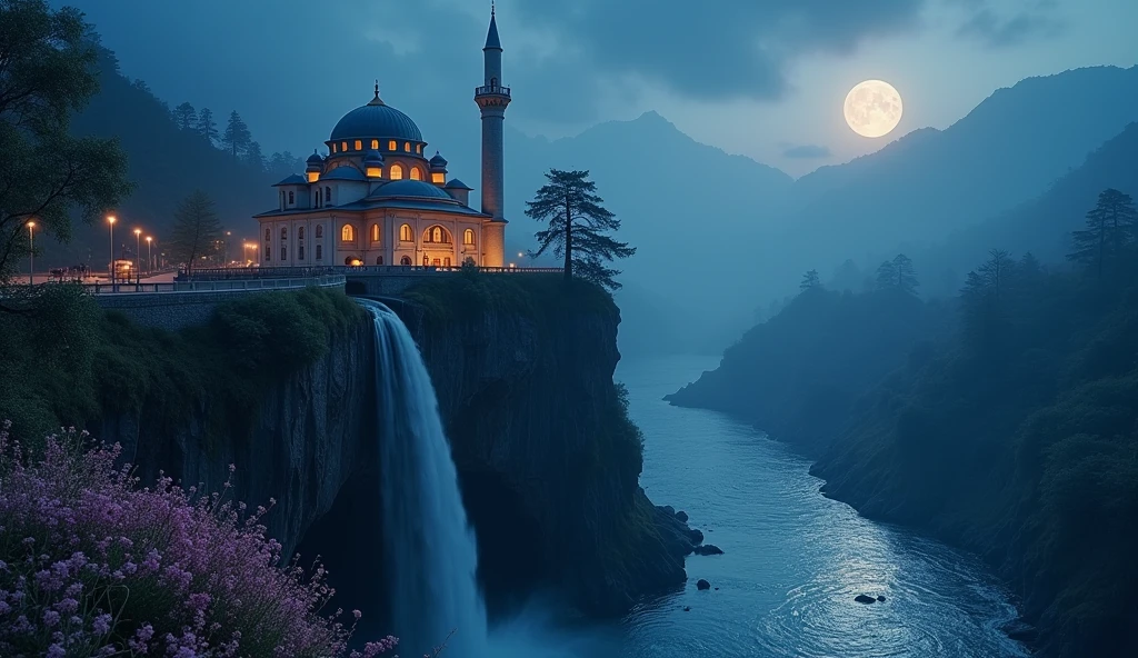 Cinematic scene - from above: a small mosque near a cliff with a waterfall flowing over the river, pastel flowers lined up nearby on a full moon night