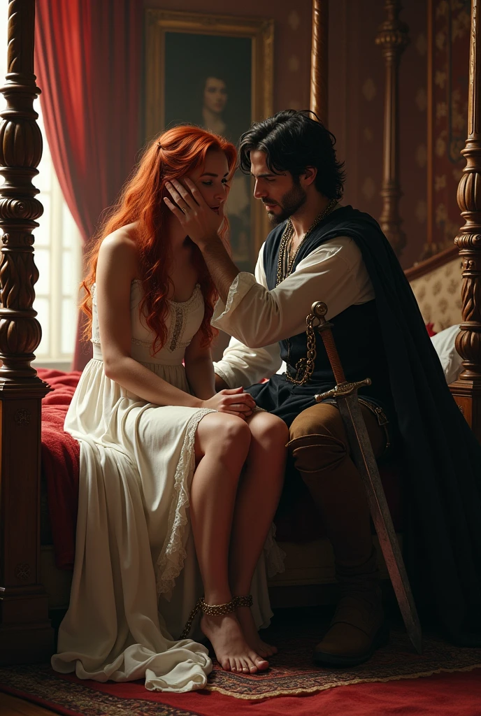 Cadre : dans une chambre royal sur un lit a baldaquin.
Femme : elle est assise sur le lit avec une chaine qui lui serre la cheville accrocher au pied du lit. Elle est terrifié elle a les cheveux rouges long et ondulés avec une robe blanche.
Homme:et assis a côté de la jeune femme et lui caresse les cheveux. Il a les cheveux noir et long c est un Italien il est habillé comme un seigneur du Moyen Age avec dans son fourreau une épée